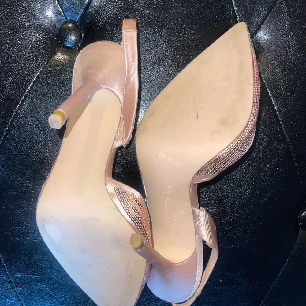 ❌SOLD❌Zara Elegant Pink Sequin Pointed-Toe Slingback Heels size 37 - Picture 5 of 6